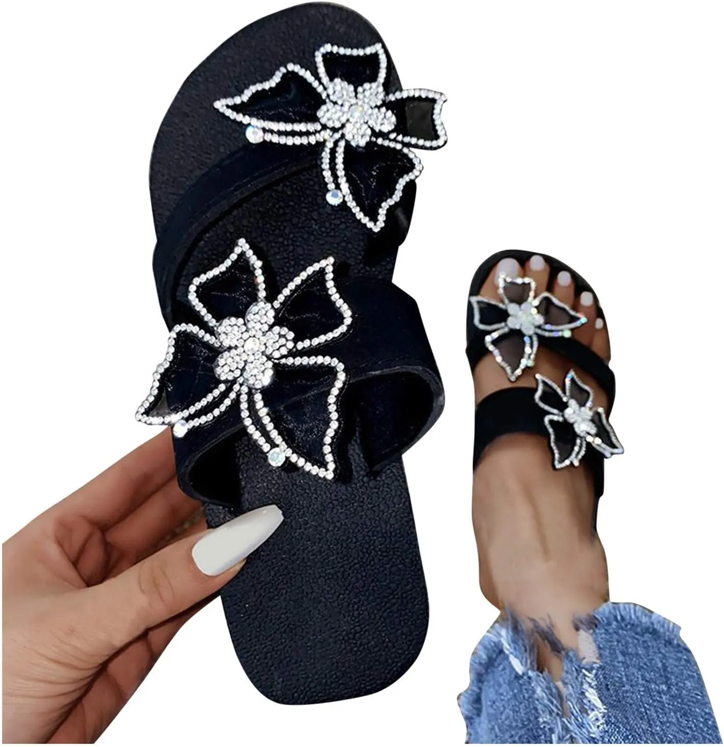 Platform Sandals Women, Women's Fashion Summer Flip-Flops Thick Sole Casual Rhinester Butterfly Sandals Wedge Heel Soft Sole Dressy Sandals