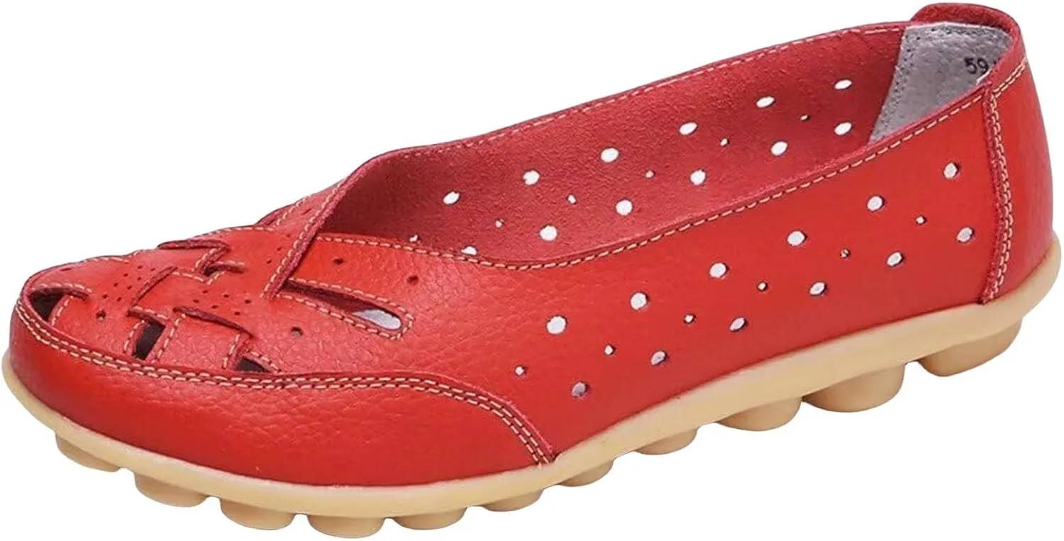 Red Orthopedic Loafers for Women, Sandals for Women 2025 Wide Width, Summer Loafers Breathable Leather Comfortable Hollow Soft Flats Sandals Casual Slip-On Shoes