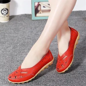 Red Orthopedic Loafers for Women, Sandals for Women 2025 Wide Width, Summer Loafers Breathable Leather Comfortable Hollow Soft Flats Sandals Casual Slip-On Shoes