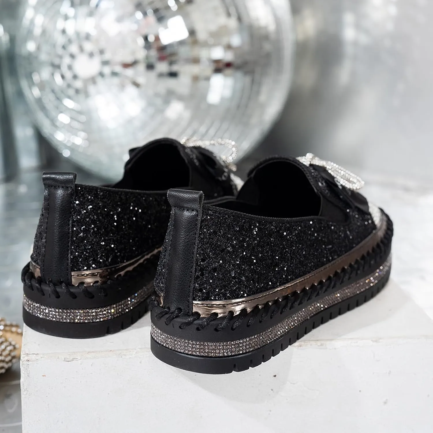 Rhinestone Shoes for Women Fashion Slip On Sneakers Comfort Platform Walking Shoes Bowknot Glitter Bling Loafers