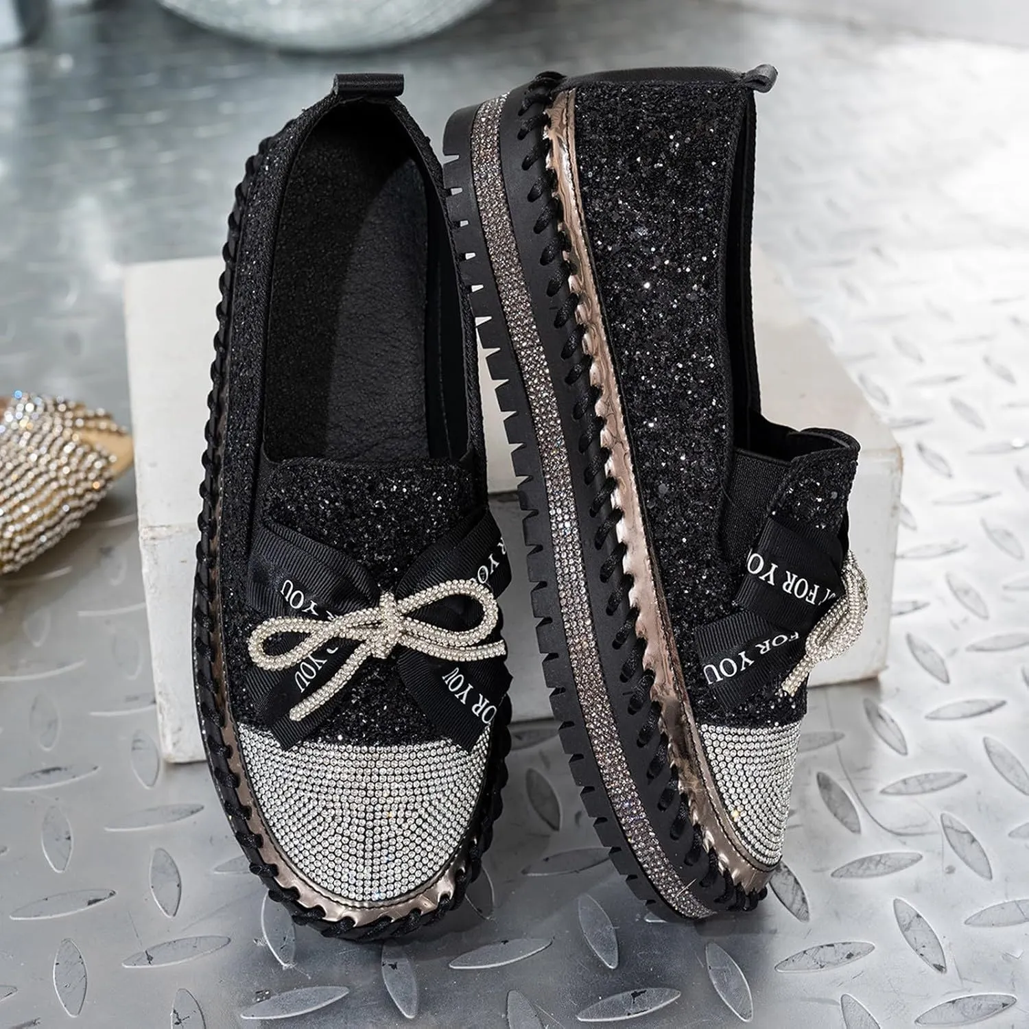 Rhinestone Shoes for Women Fashion Slip On Sneakers Comfort Platform Walking Shoes Bowknot Glitter Bling Loafers