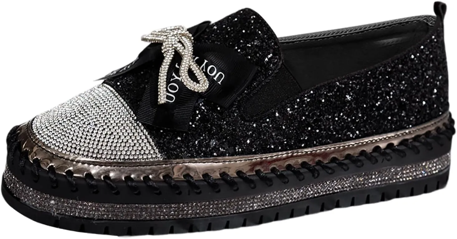 Rhinestone Shoes for Women Fashion Slip On Sneakers Comfort Platform Walking Shoes Bowknot Glitter Bling Loafers