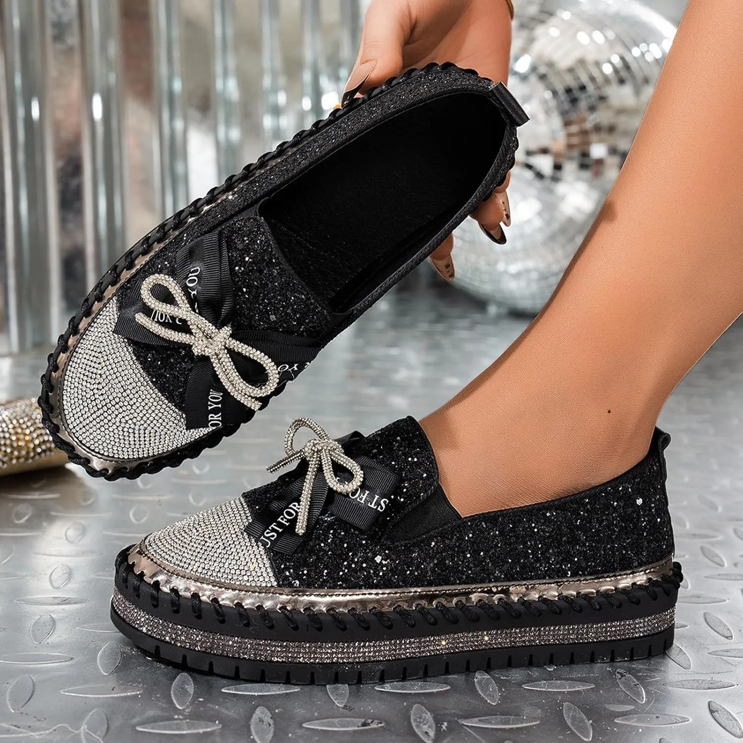 Rhinestone Shoes for Women Fashion Slip On Sneakers Comfort Platform Walking Shoes Bowknot Glitter Bling Loafers