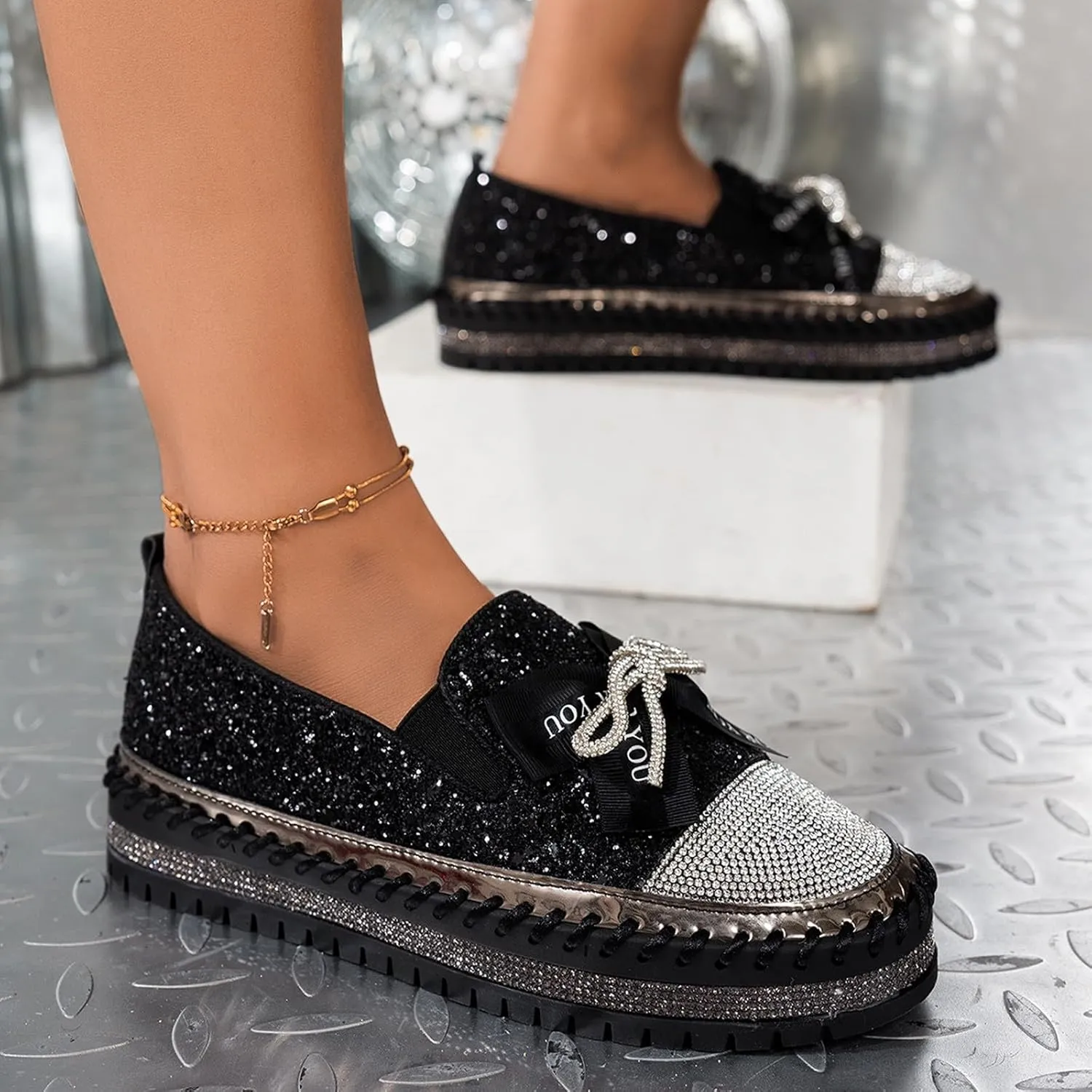 Rhinestone Shoes for Women Fashion Slip On Sneakers Comfort Platform Walking Shoes Bowknot Glitter Bling Loafers