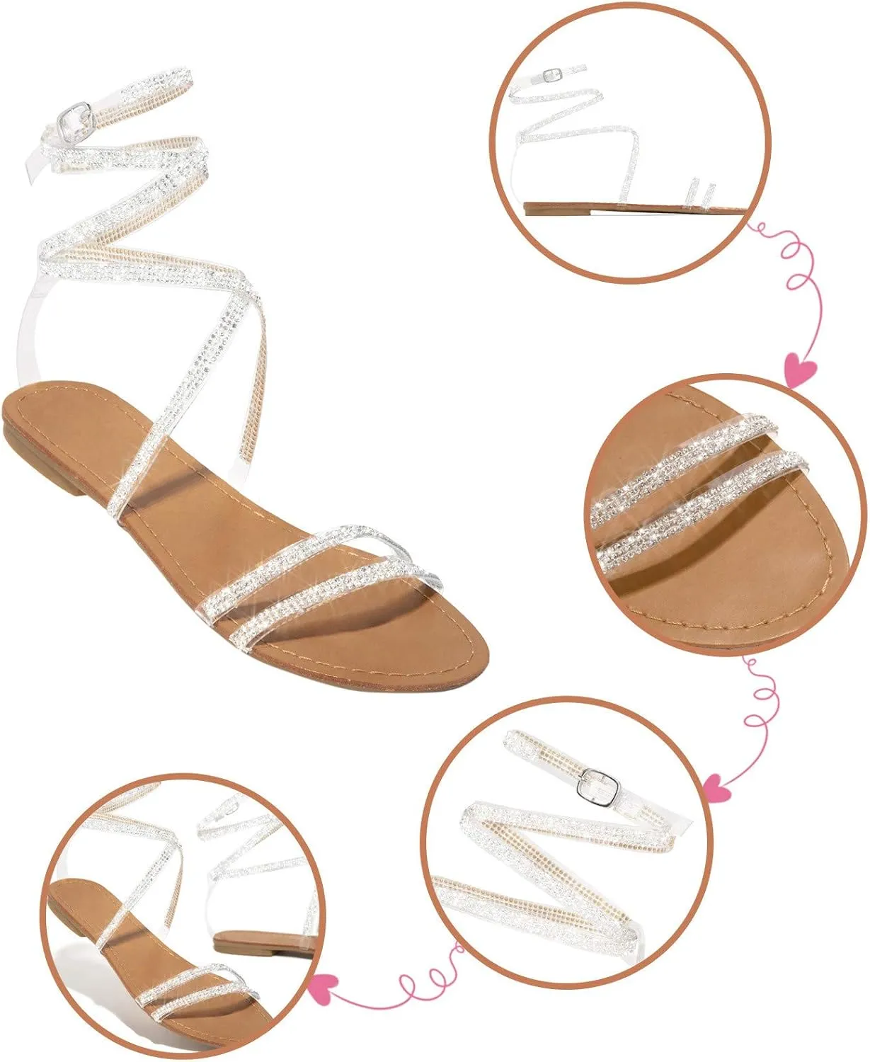 Rinestone Sandals for Women 2025 Dressy Summer Flat Casual Beaded Sparkly Bling Bohemian Lace Flower Sandal Comfortable Elastic Ankle Strap Beach Shoes
