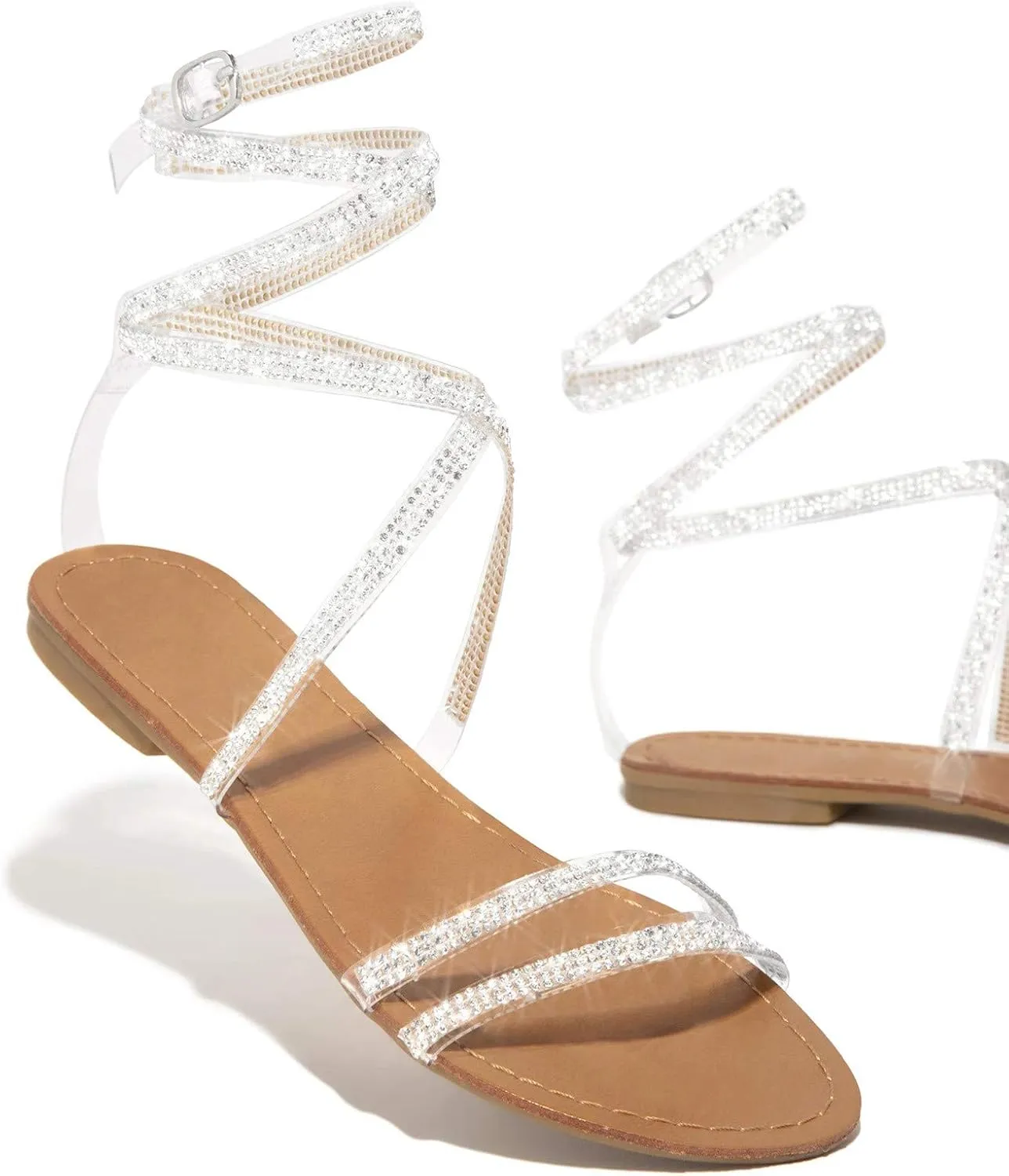 Rinestone Sandals for Women 2025 Dressy Summer Flat Casual Beaded Sparkly Bling Bohemian Lace Flower Sandal Comfortable Elastic Ankle Strap Beach Shoes