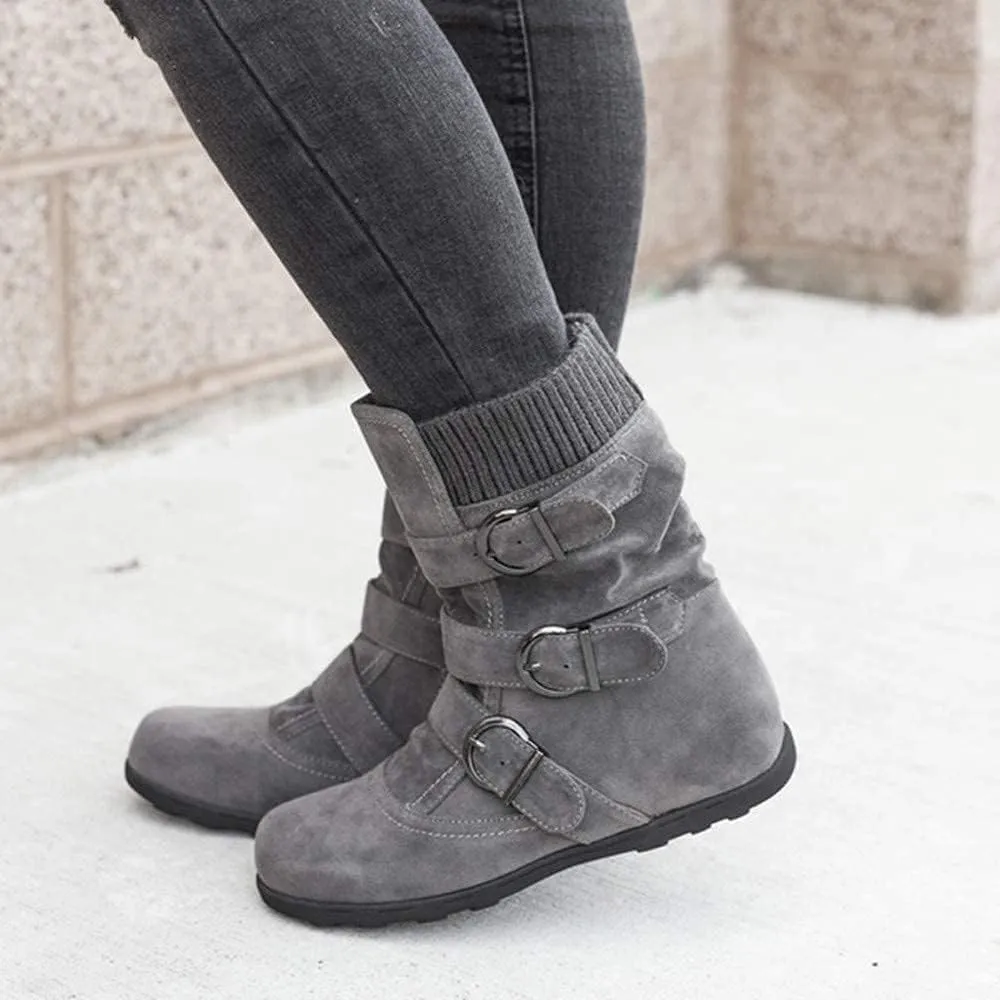 SACFOF Women's Mid Calf Fashion Winter Snow Boots Outdoor Suede Slouch Snow Booties Shoes Side Zipper Wedge Ankle Boots