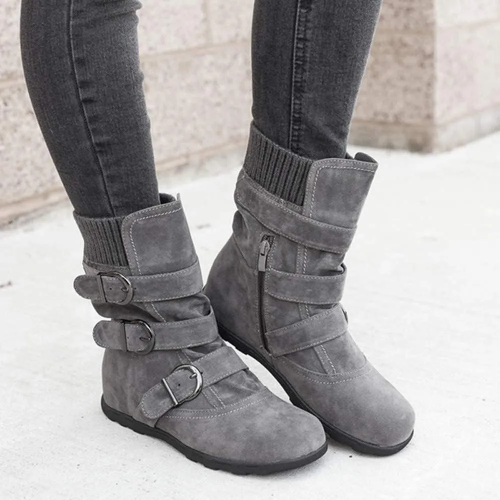 SACFOF Women's Mid Calf Fashion Winter Snow Boots Outdoor Suede Slouch Snow Booties Shoes Side Zipper Wedge Ankle Boots