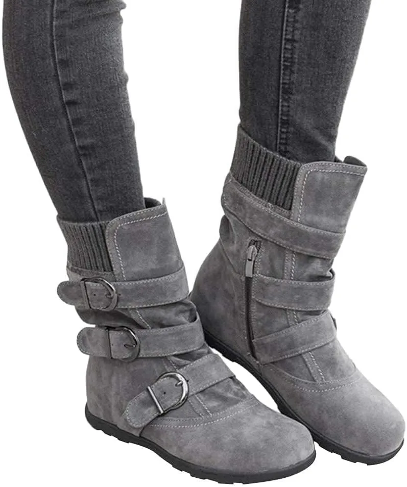 SACFOF Women's Mid Calf Fashion Winter Snow Boots Outdoor Suede Slouch Snow Booties Shoes Side Zipper Wedge Ankle Boots