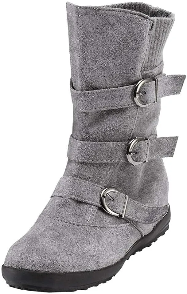 SACFOF Women's Mid Calf Fashion Winter Snow Boots Outdoor Suede Slouch Snow Booties Shoes Side Zipper Wedge Ankle Boots