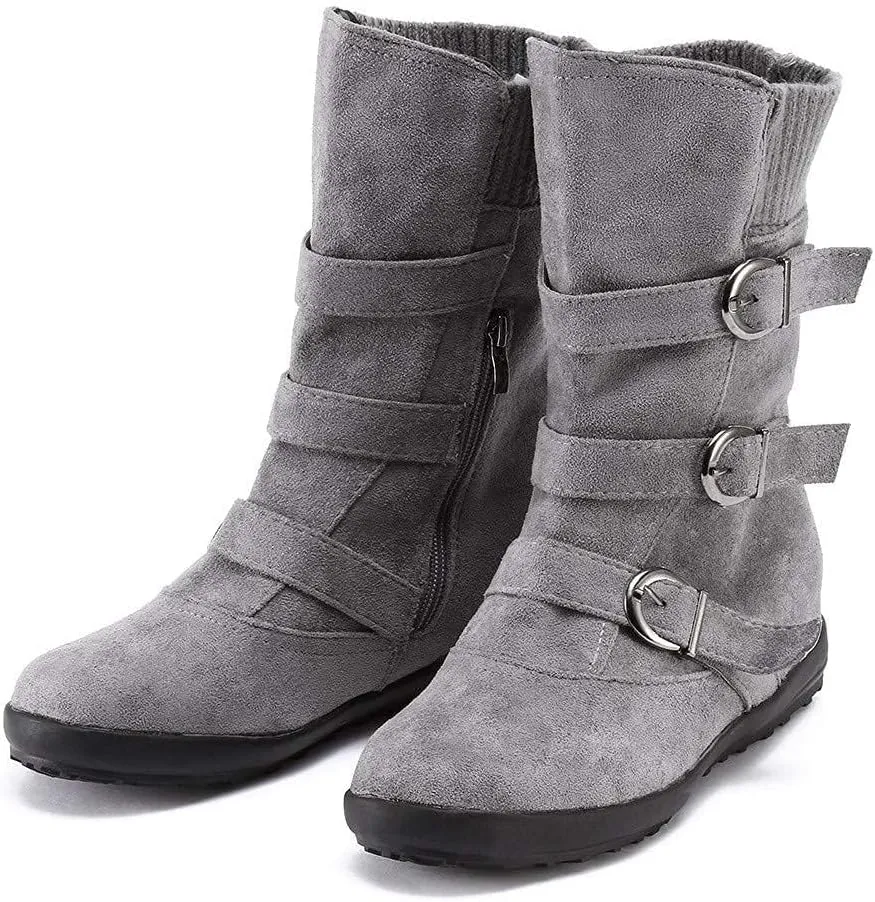 SACFOF Women's Mid Calf Fashion Winter Snow Boots Outdoor Suede Slouch Snow Booties Shoes Side Zipper Wedge Ankle Boots