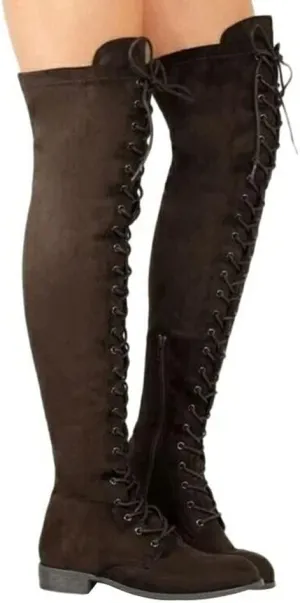 SACFOF Women's Over The Knee High Low Block Heel Riding Boots Suede Chunky Low Heel Lace up Boots Stretch Winter Long Boot