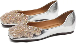 SAILING LU Womens Rhinestones Square Toe Ballet Flats Dressy Comfortable Flat Shoes Wedding Elegant Slip-Ons for Women