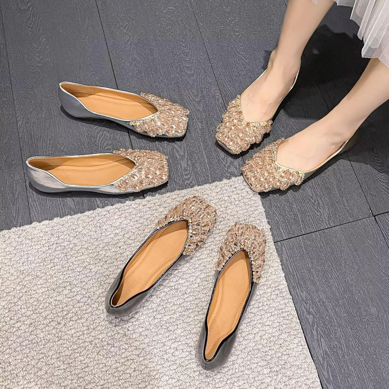 SAILING LU Womens Rhinestones Square Toe Ballet Flats Dressy Comfortable Flat Shoes Wedding Elegant Slip-Ons for Women