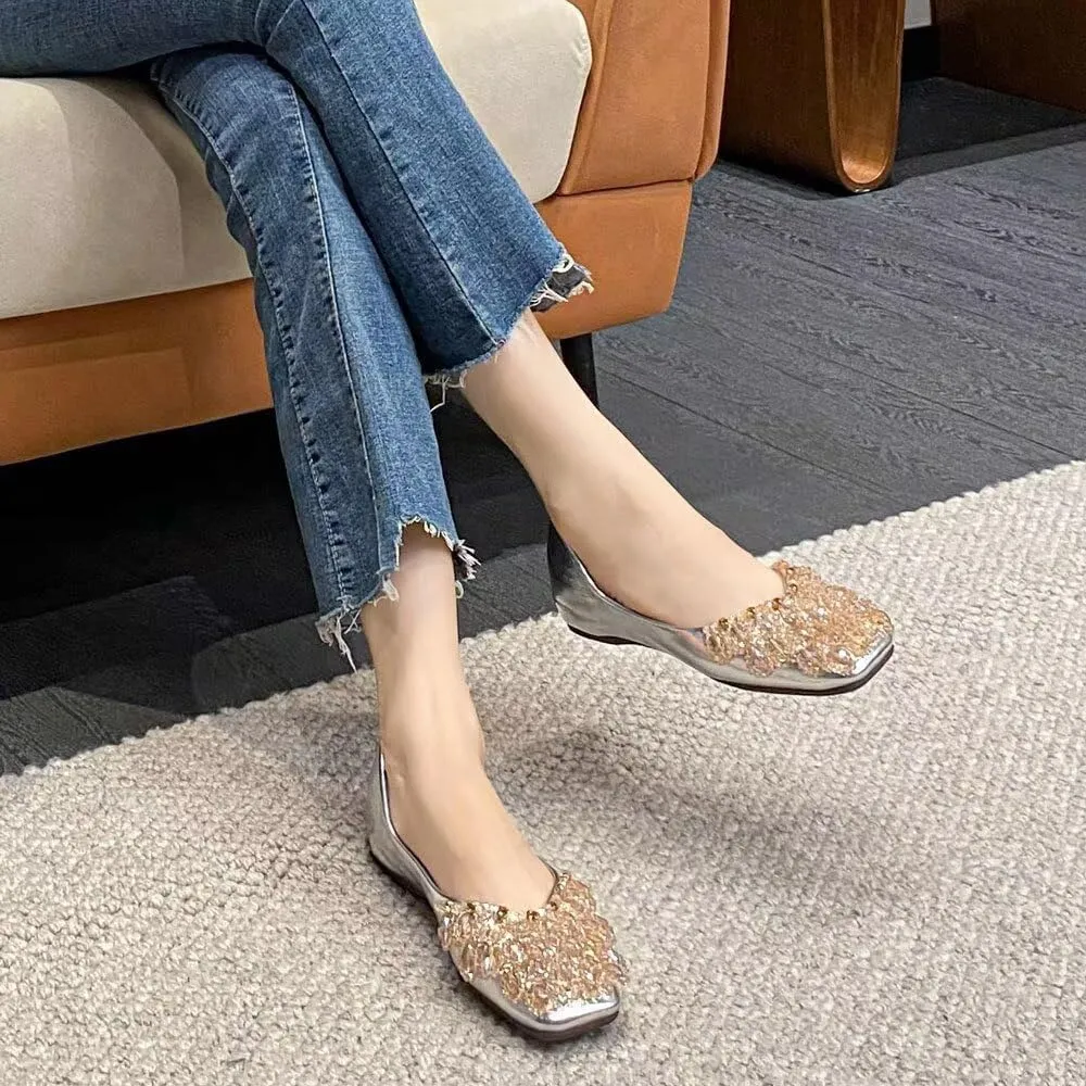 SAILING LU Womens Rhinestones Square Toe Ballet Flats Dressy Comfortable Flat Shoes Wedding Elegant Slip-Ons for Women