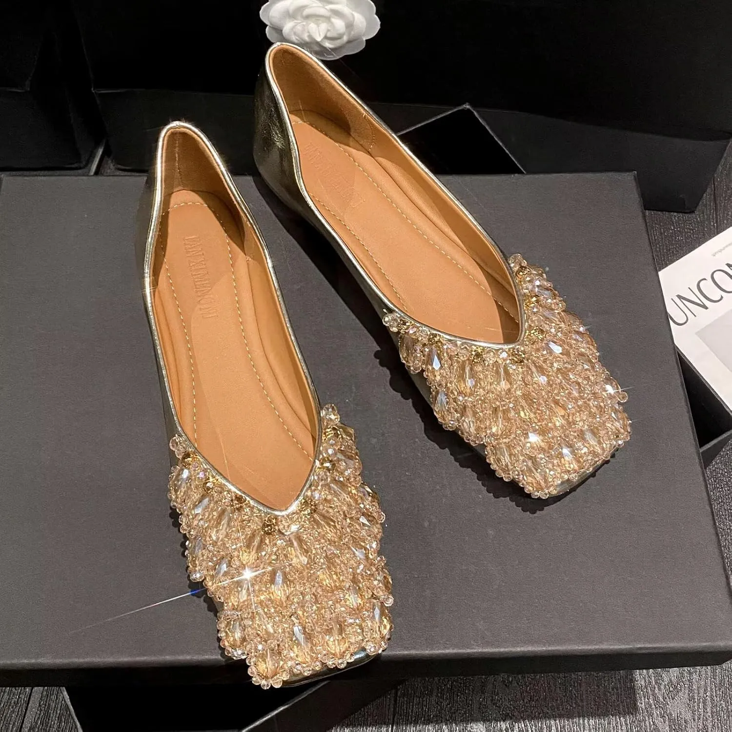 SAILING LU Womens Rhinestones Square Toe Ballet Flats Dressy Comfortable Flat Shoes Wedding Elegant Slip-Ons for Women