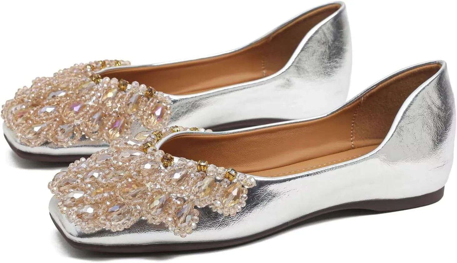 SAILING LU Womens Rhinestones Square Toe Ballet Flats Dressy Comfortable Flat Shoes Wedding Elegant Slip-Ons for Women