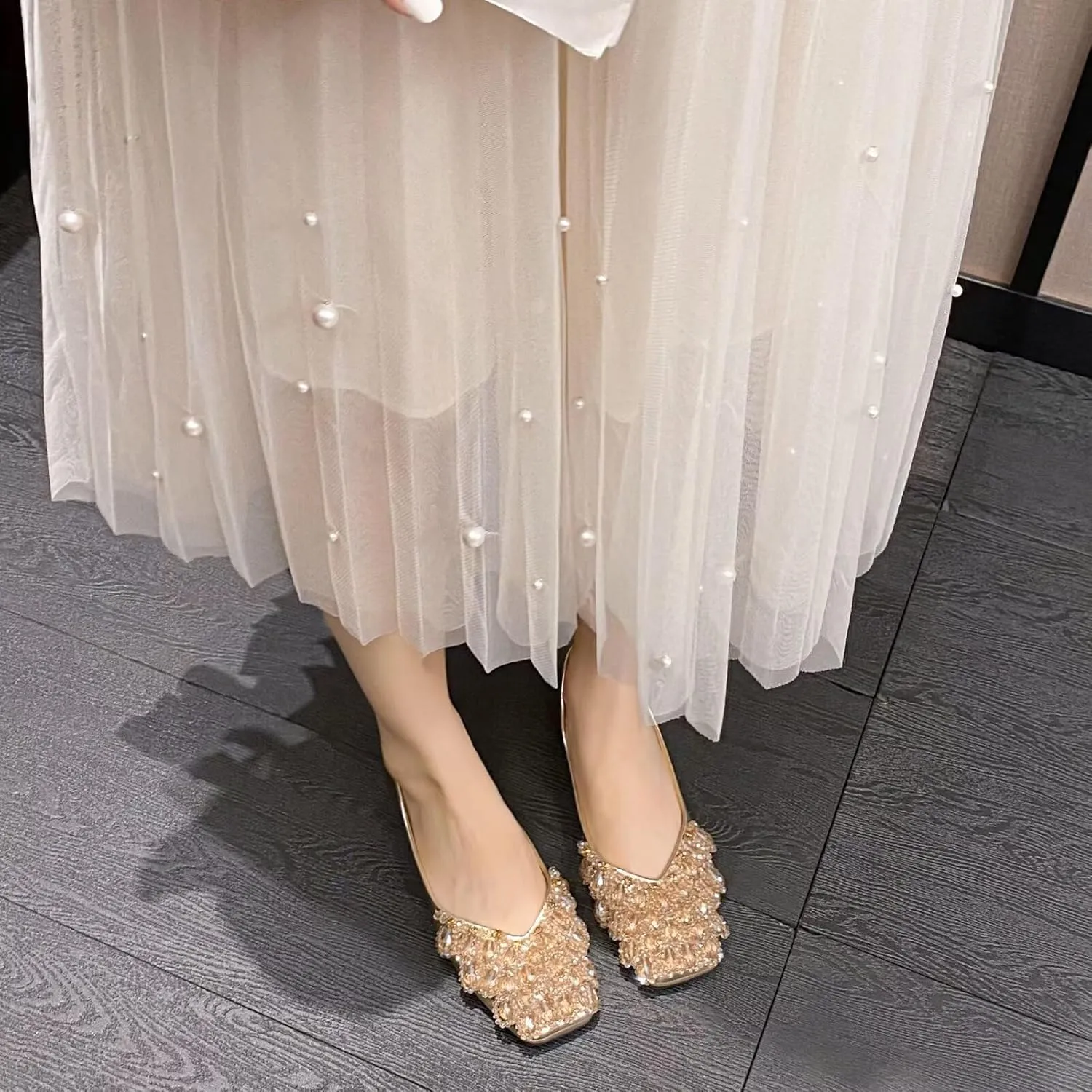 SAILING LU Womens Rhinestones Square Toe Ballet Flats Dressy Comfortable Flat Shoes Wedding Elegant Slip-Ons for Women