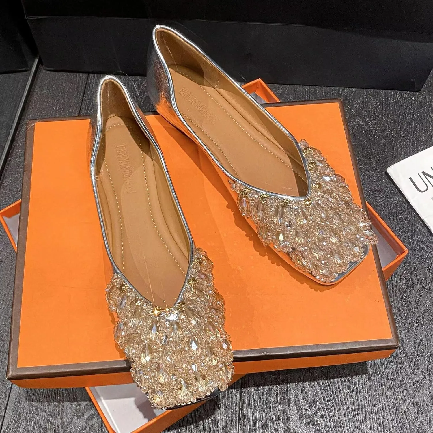 SAILING LU Womens Rhinestones Square Toe Ballet Flats Dressy Comfortable Flat Shoes Wedding Elegant Slip-Ons for Women