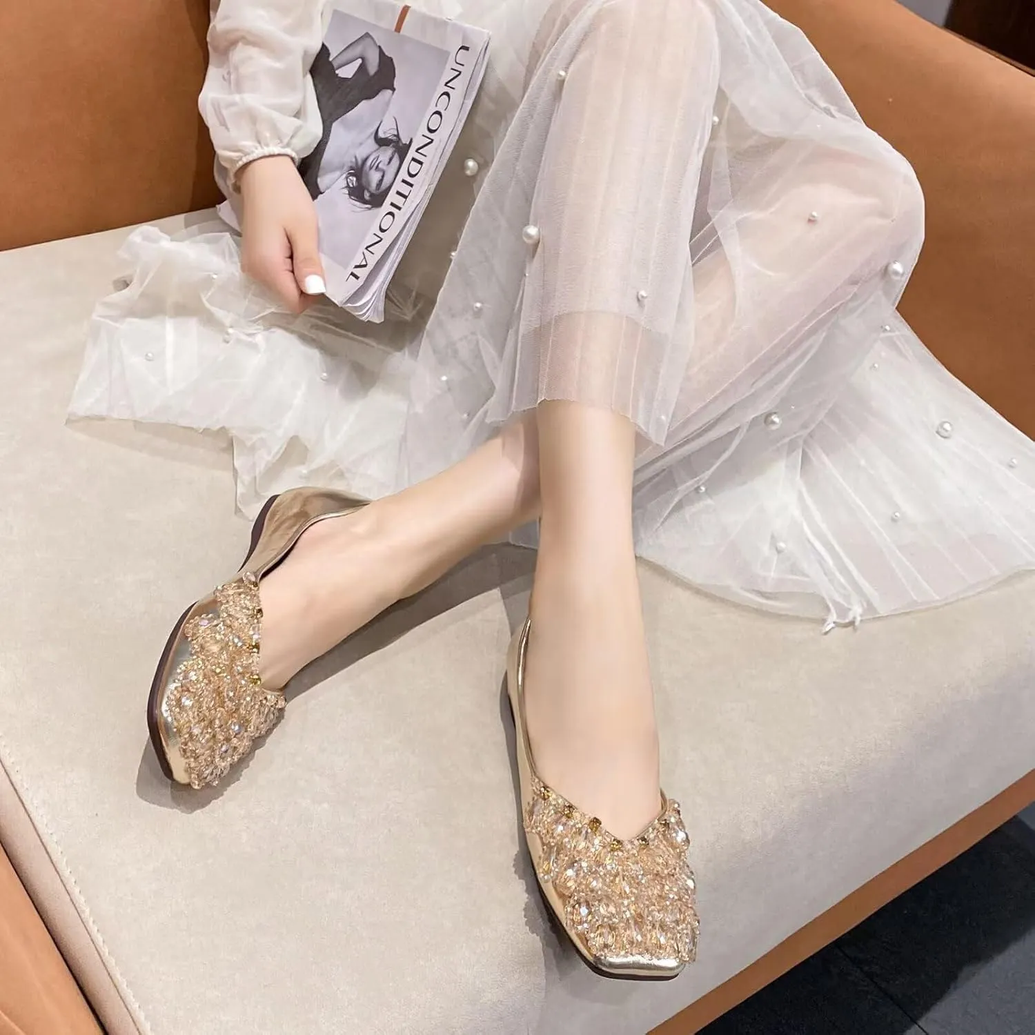 SAILING LU Womens Rhinestones Square Toe Ballet Flats Dressy Comfortable Flat Shoes Wedding Elegant Slip-Ons for Women
