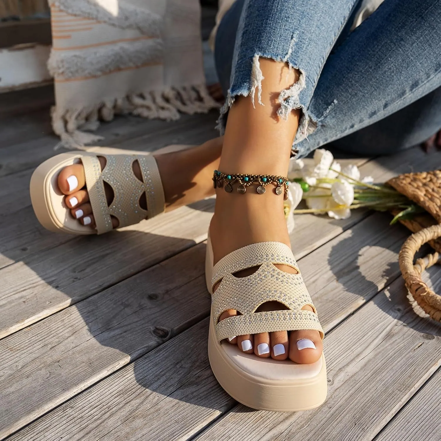 Sandals for Women 2025 Dressy Open Toe Platform Slides Sandals Cut Out Slip On Wedge Sandal Comfort Soft Sole Outdoor Beach Slipper
