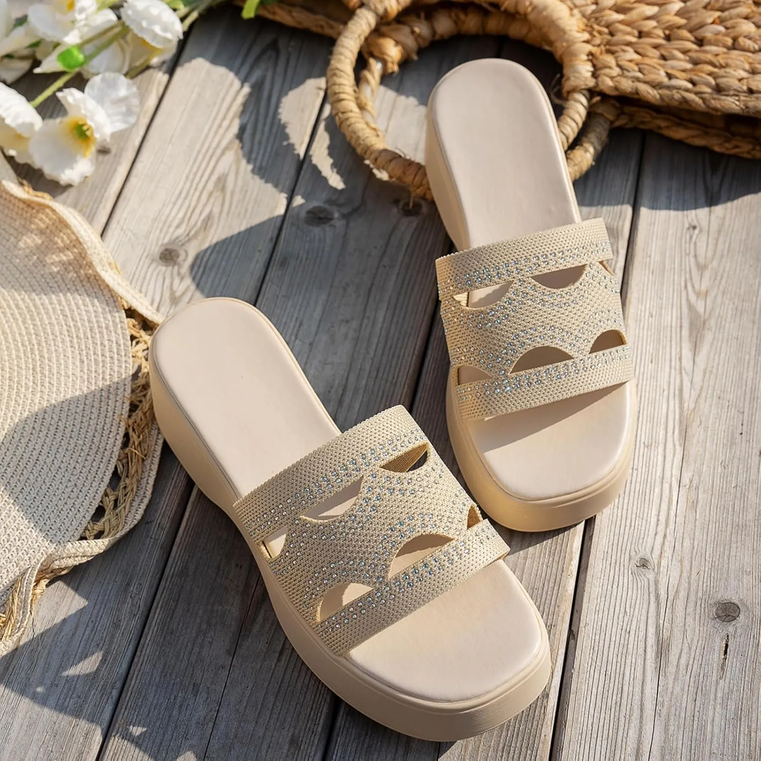 Sandals for Women 2025 Dressy Open Toe Platform Slides Sandals Cut Out Slip On Wedge Sandal Comfort Soft Sole Outdoor Beach Slipper