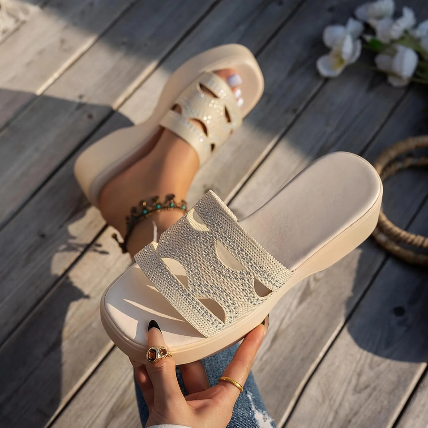 Sandals for Women 2025 Dressy Open Toe Platform Slides Sandals Cut Out Slip On Wedge Sandal Comfort Soft Sole Outdoor Beach Slipper