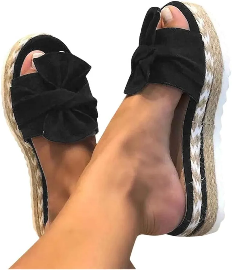 Sandals for Women Flat,Slide Sandals for Women Cork Sole Canvas Summer Cute Knot Bow Ladies Slides Sandals for Women