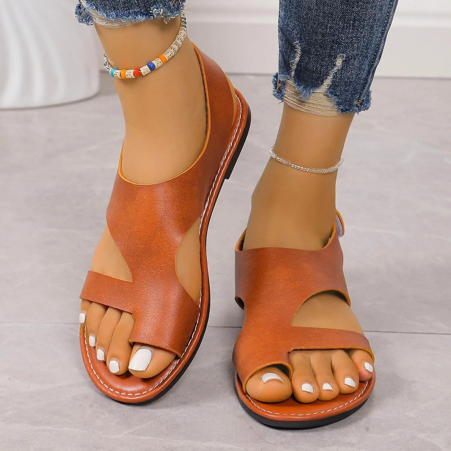 Sandals Women Dressy Summer Flat Strappy Cute Casual Beach Shoes 2025 Open Toe Solid Color Casual Summer Lightweight Walking Sandals,Fashion Comfy Breathable Adjustable Hook and Loop Straps Flat Shoes