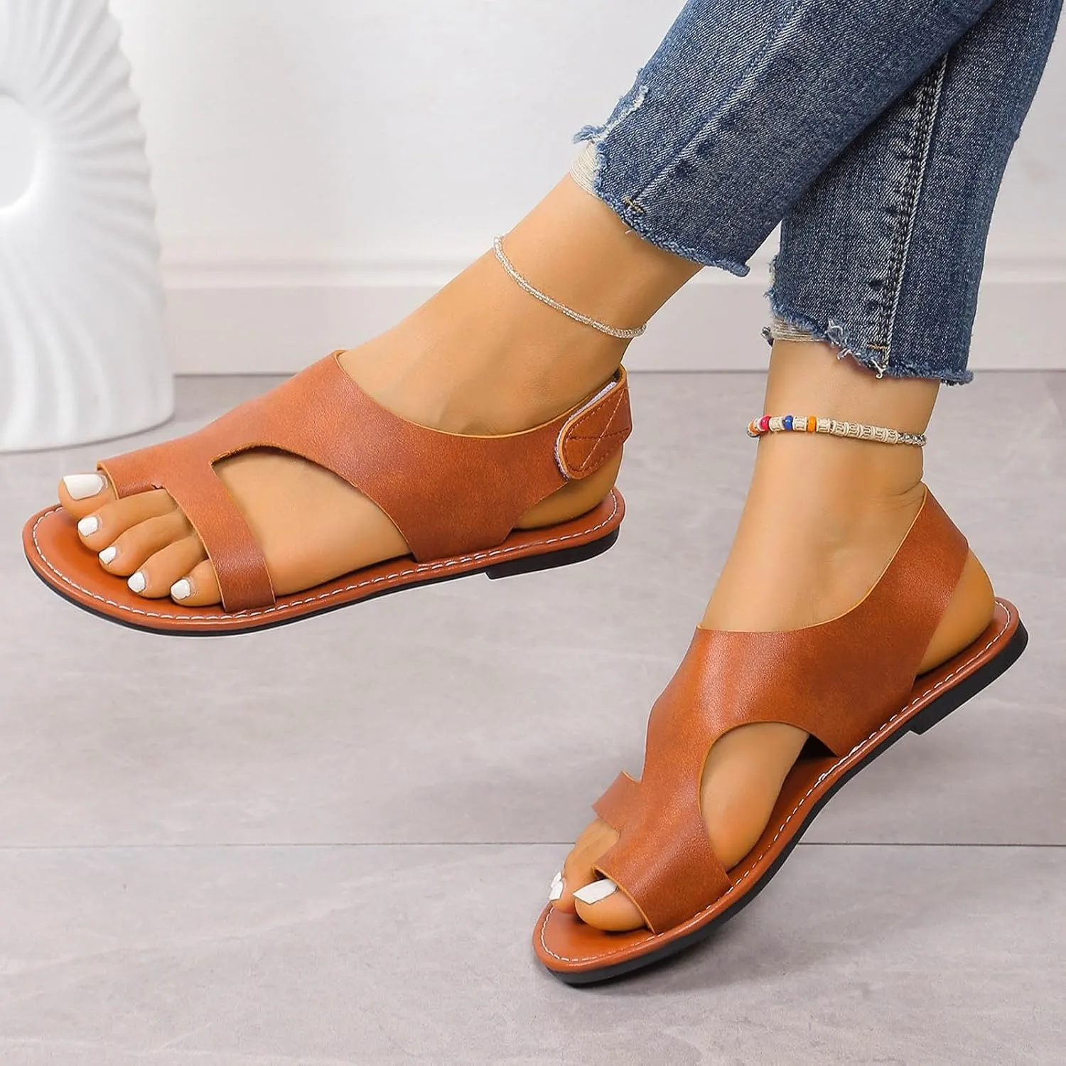 Sandals Women Dressy Summer Flat Strappy Cute Casual Beach Shoes 2025 Open Toe Solid Color Casual Summer Lightweight Walking Sandals,Fashion Comfy Breathable Adjustable Hook and Loop Straps Flat Shoes