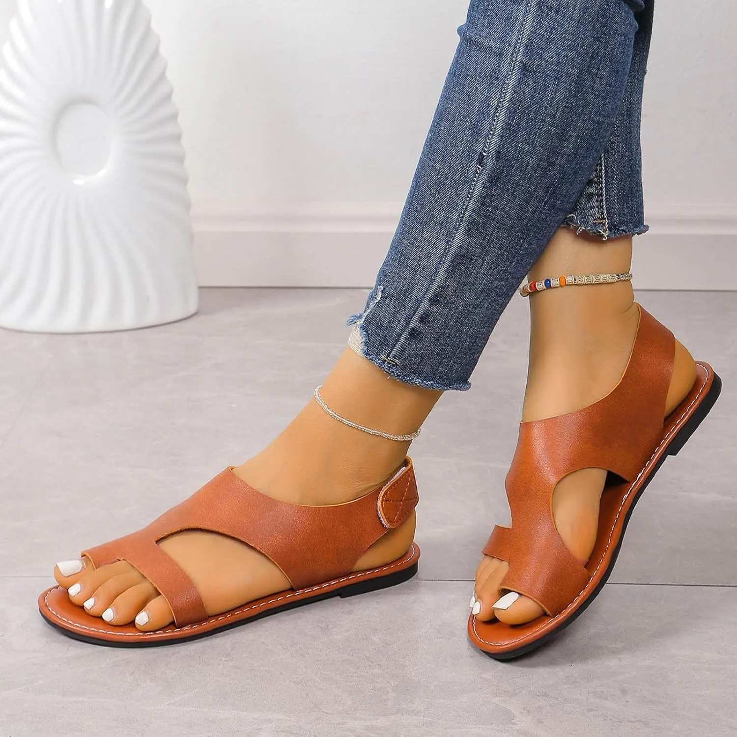 Sandals Women Dressy Summer Flat Strappy Cute Casual Beach Shoes 2025 Open Toe Solid Color Casual Summer Lightweight Walking Sandals,Fashion Comfy Breathable Adjustable Hook and Loop Straps Flat Shoes