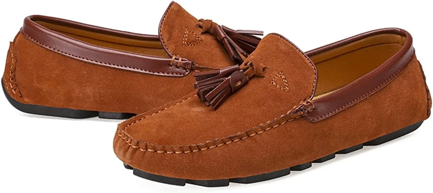 Shoes Smoking Loafer for Men Tassel Suede Vamp Genuine Leather Round Toe Soft Flat Heel Resistant Flexible Casual Slip On for Any Attire