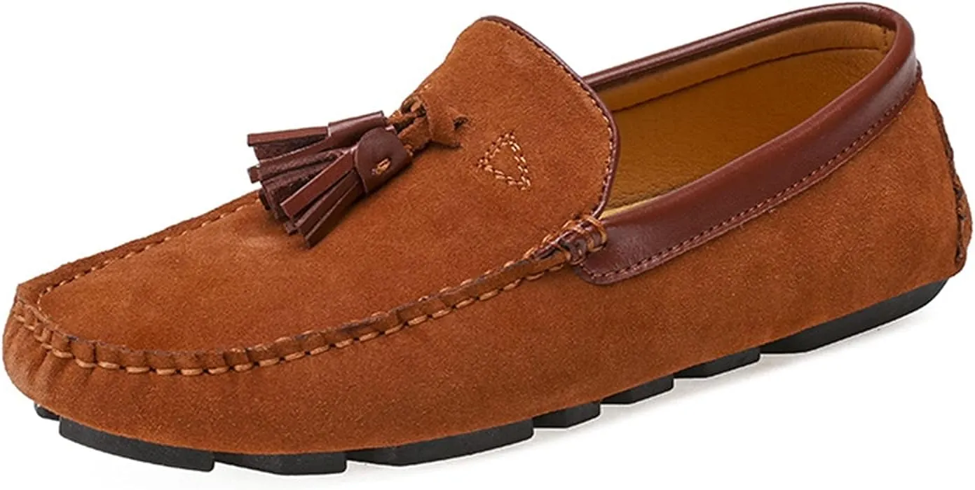 Shoes Smoking Loafer for Men Tassel Suede Vamp Genuine Leather Round Toe Soft Flat Heel Resistant Flexible Casual Slip On for Any Attire