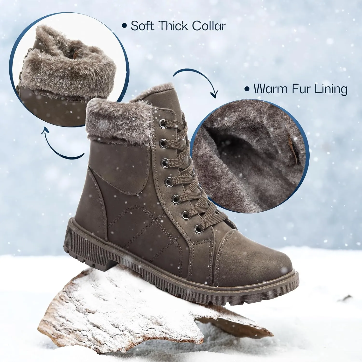 Shupua Winter Ankle Boots for Women Hiking Boots Waterproof Combat Boots Warm Lace Up Boots Snow Bootie Low Heel