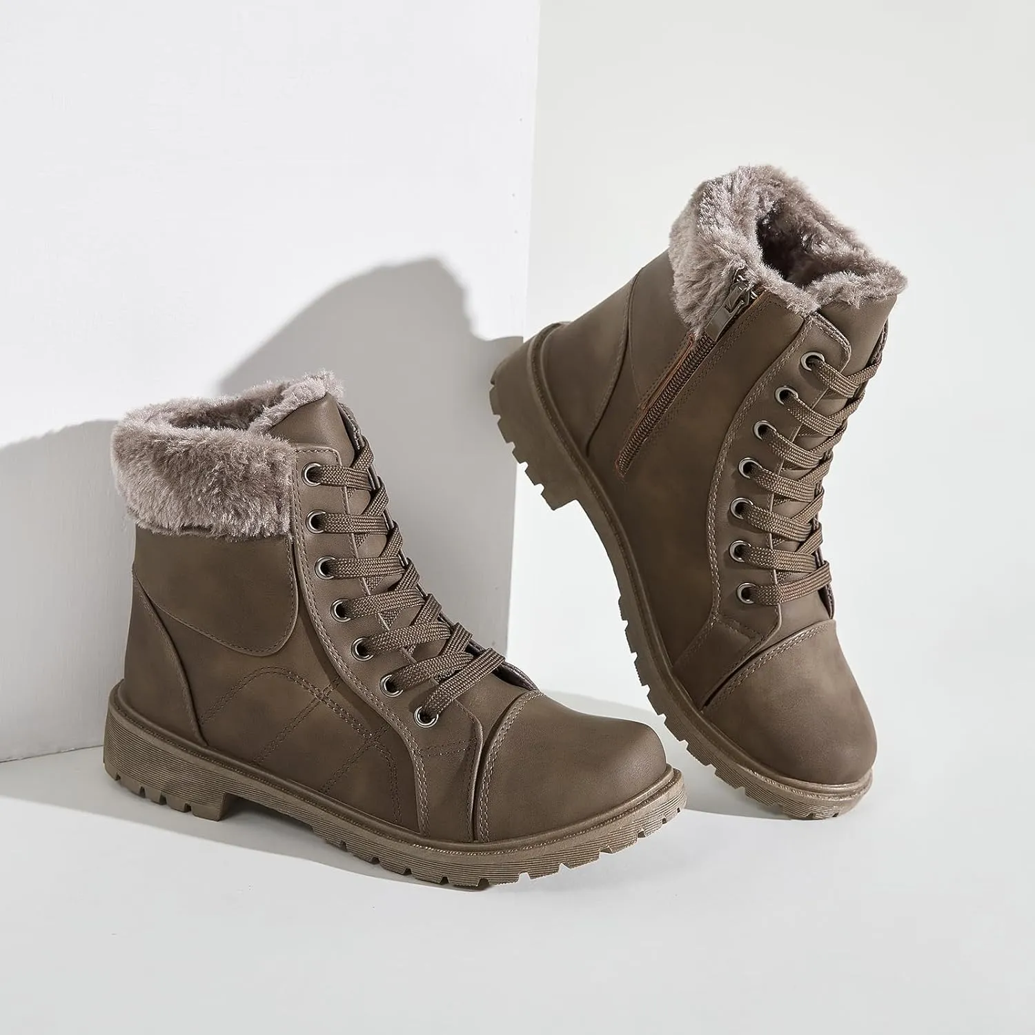 Shupua Winter Ankle Boots for Women Hiking Boots Waterproof Combat Boots Warm Lace Up Boots Snow Bootie Low Heel