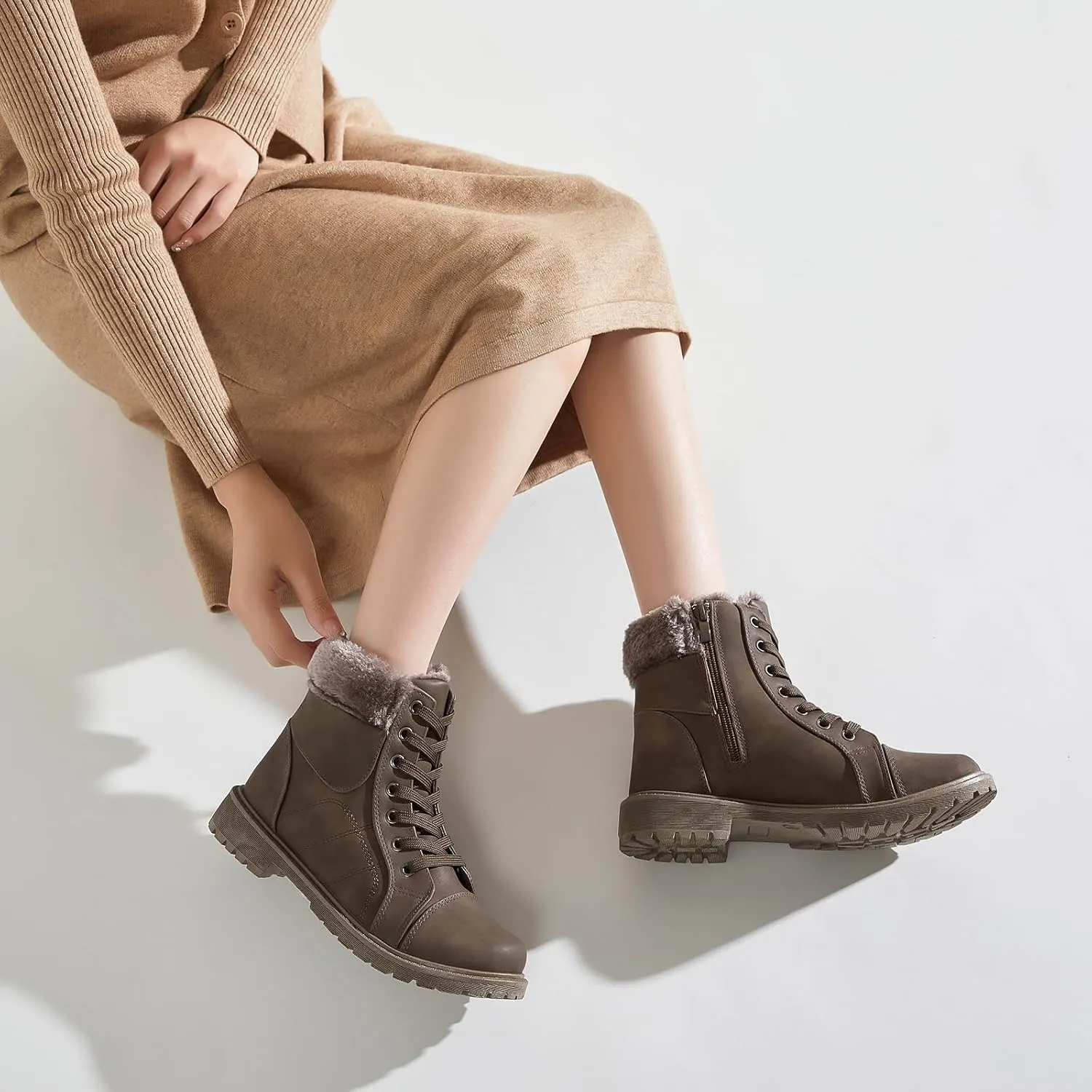Shupua Winter Ankle Boots for Women Hiking Boots Waterproof Combat Boots Warm Lace Up Boots Snow Bootie Low Heel