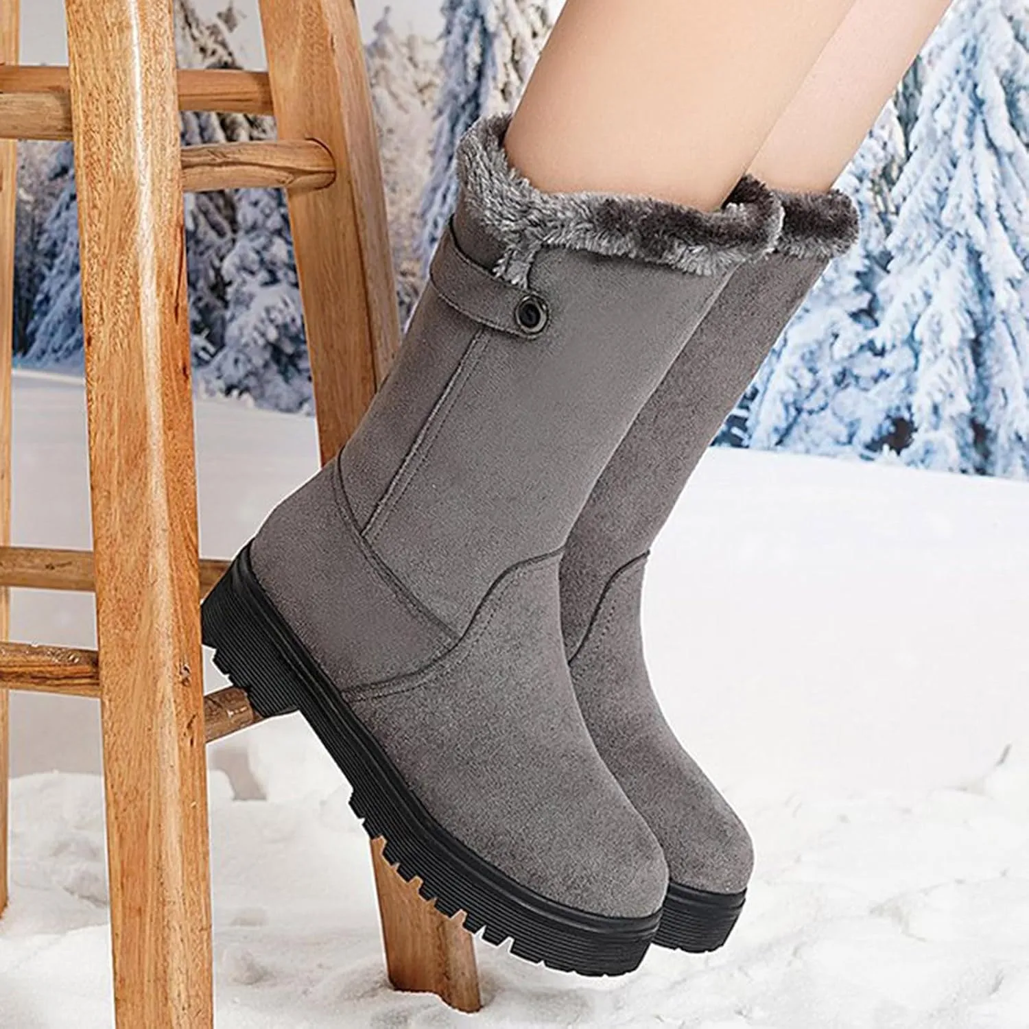Snow Boots for Women Fur Boots for Women Winter Women's Leather Boots Snow Boots Medium Heel Short Boots Medium Heel