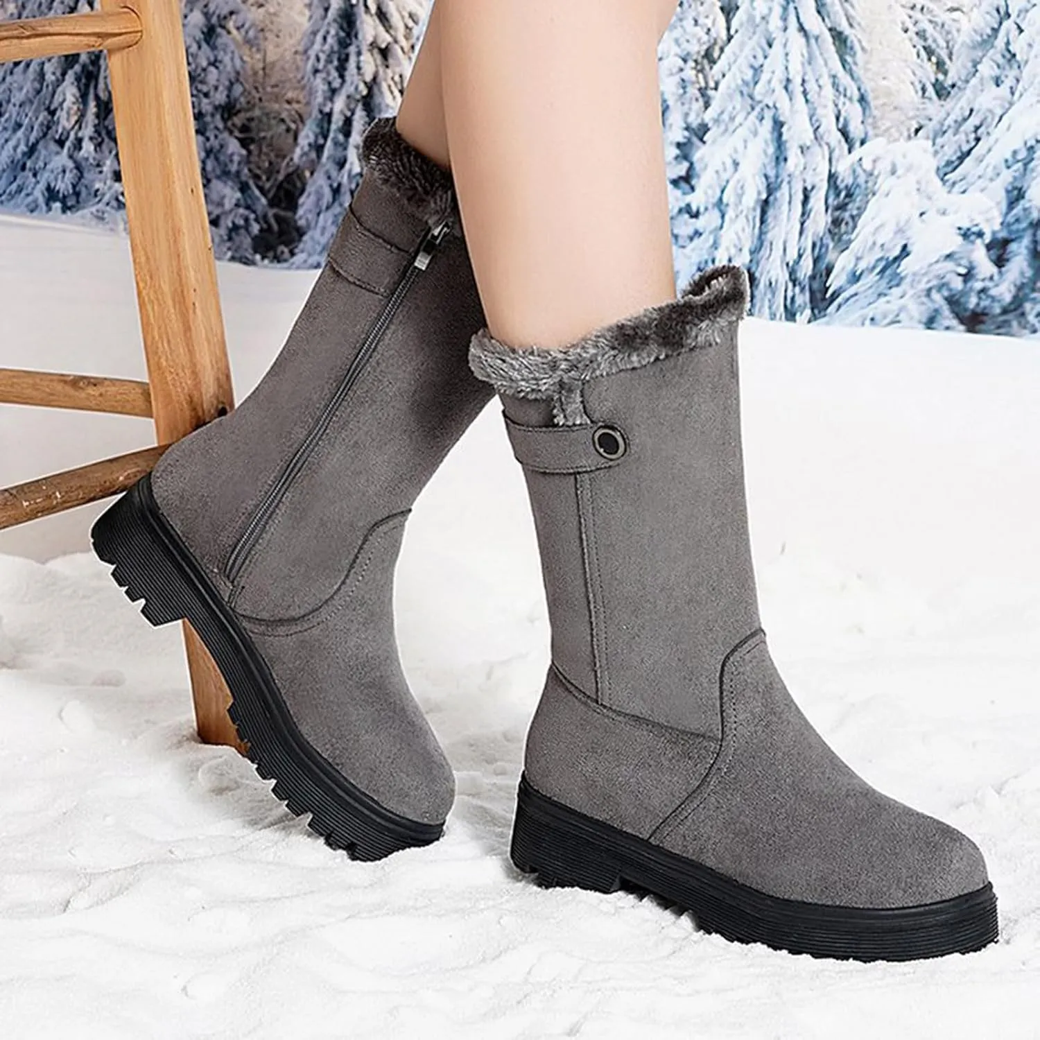 Snow Boots for Women Fur Boots for Women Winter Women's Leather Boots Snow Boots Medium Heel Short Boots Medium Heel