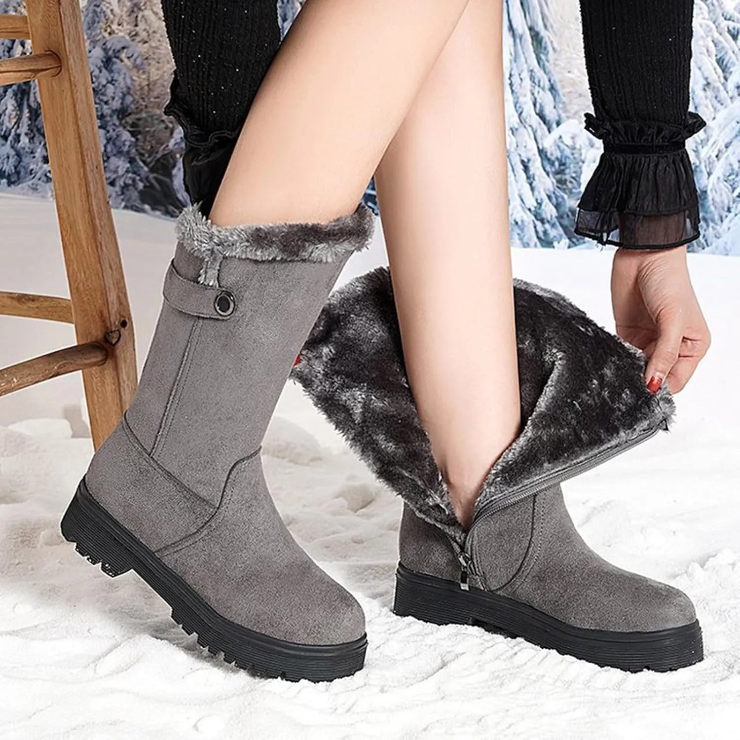Snow Boots for Women Fur Boots for Women Winter Women's Leather Boots Snow Boots Medium Heel Short Boots Medium Heel