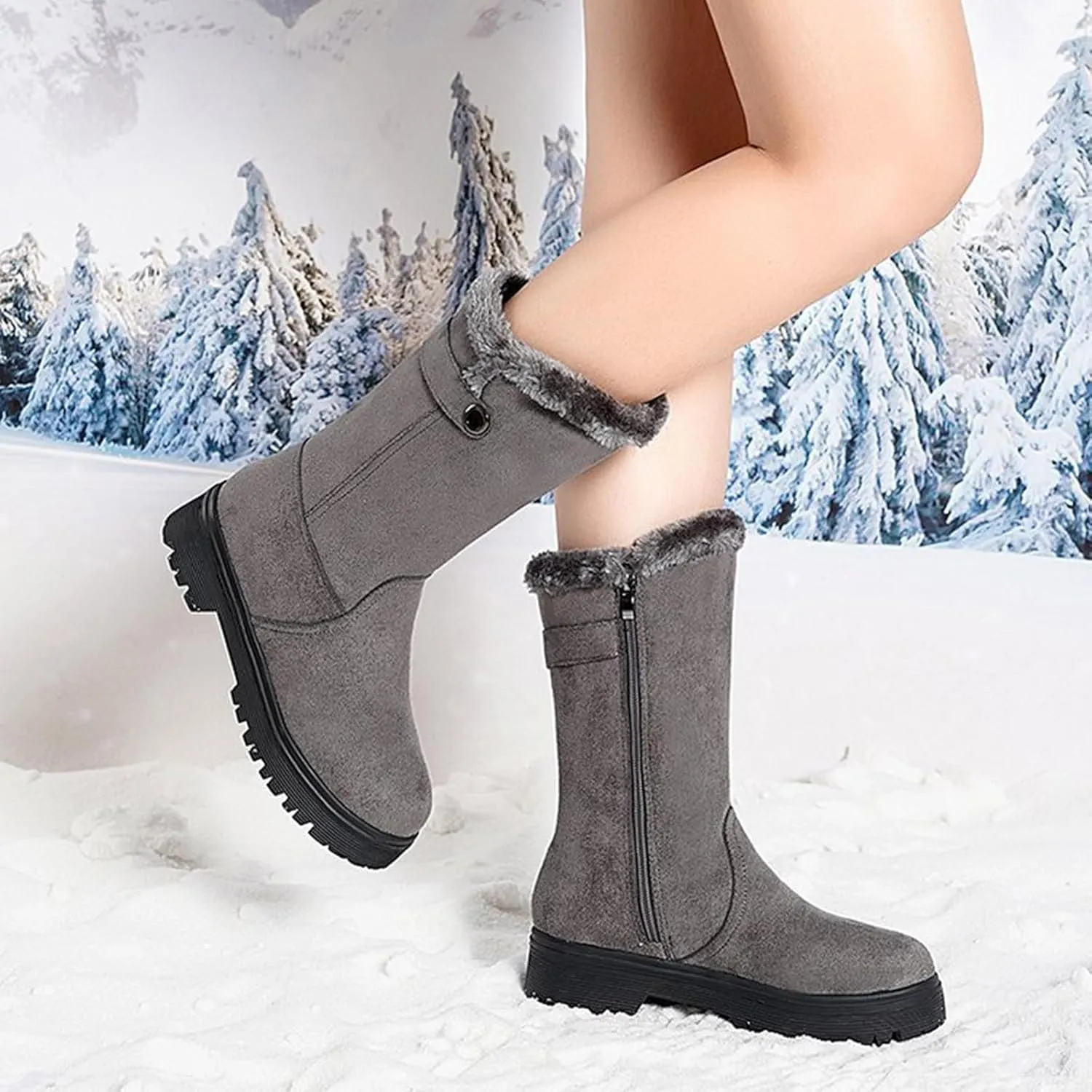 Snow Boots for Women Fur Boots for Women Winter Women's Leather Boots Snow Boots Medium Heel Short Boots Medium Heel