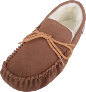 SNUGRUGS Womens Dark Brown Wool Lined Moccasin Slippers with Suede Sole.