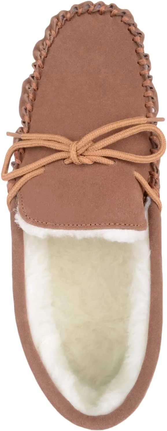 SNUGRUGS Womens Dark Brown Wool Lined Moccasin Slippers with Suede Sole.
