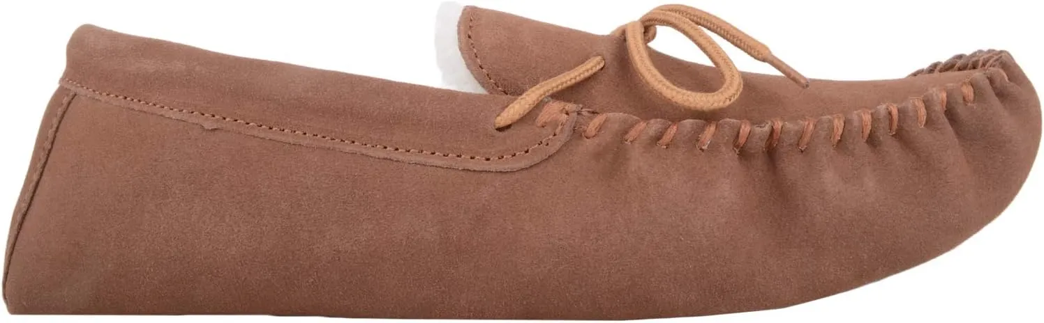 SNUGRUGS Womens Dark Brown Wool Lined Moccasin Slippers with Suede Sole.