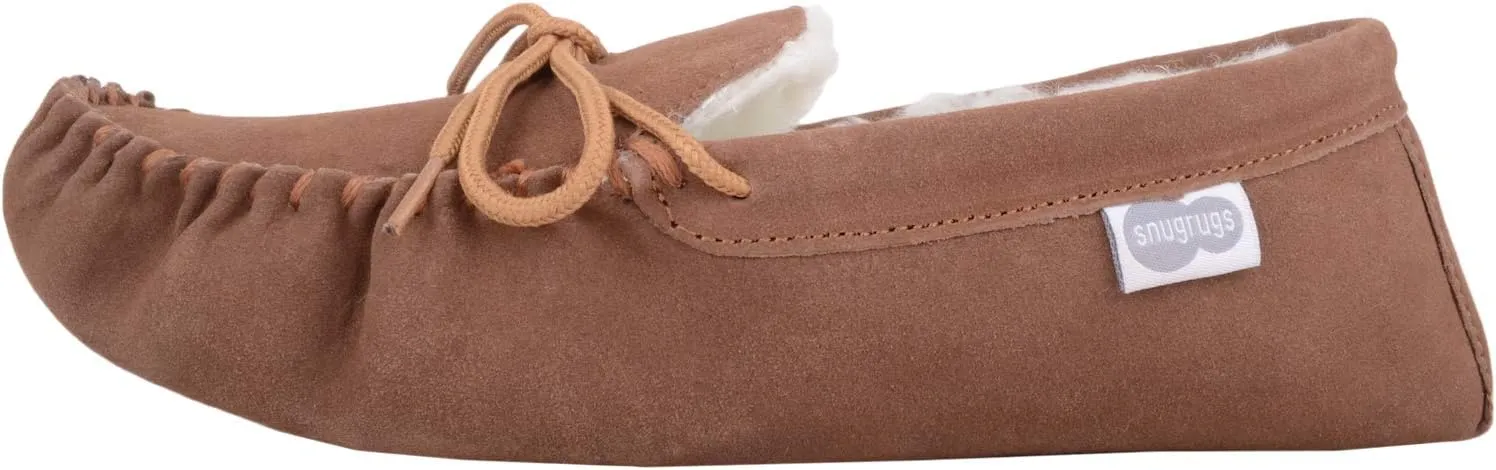 SNUGRUGS Womens Dark Brown Wool Lined Moccasin Slippers with Suede Sole.
