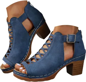 Summer Sandals for Women 2025 Trendy Dressy Fashion Open Toe Heel Sandal Chunky Heels Adjustable Straps Ankle Strap Zipper Back High Heel Sandals