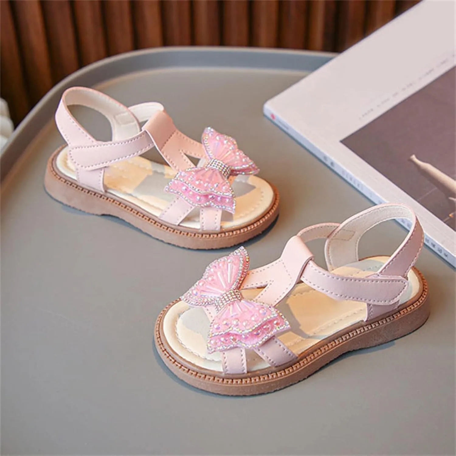 Toddler Girls Fashion Summer Bow Pearl Soft Sole Sandals Cork Travel Eva Lace Pearl Decoration Outdoor Shoes