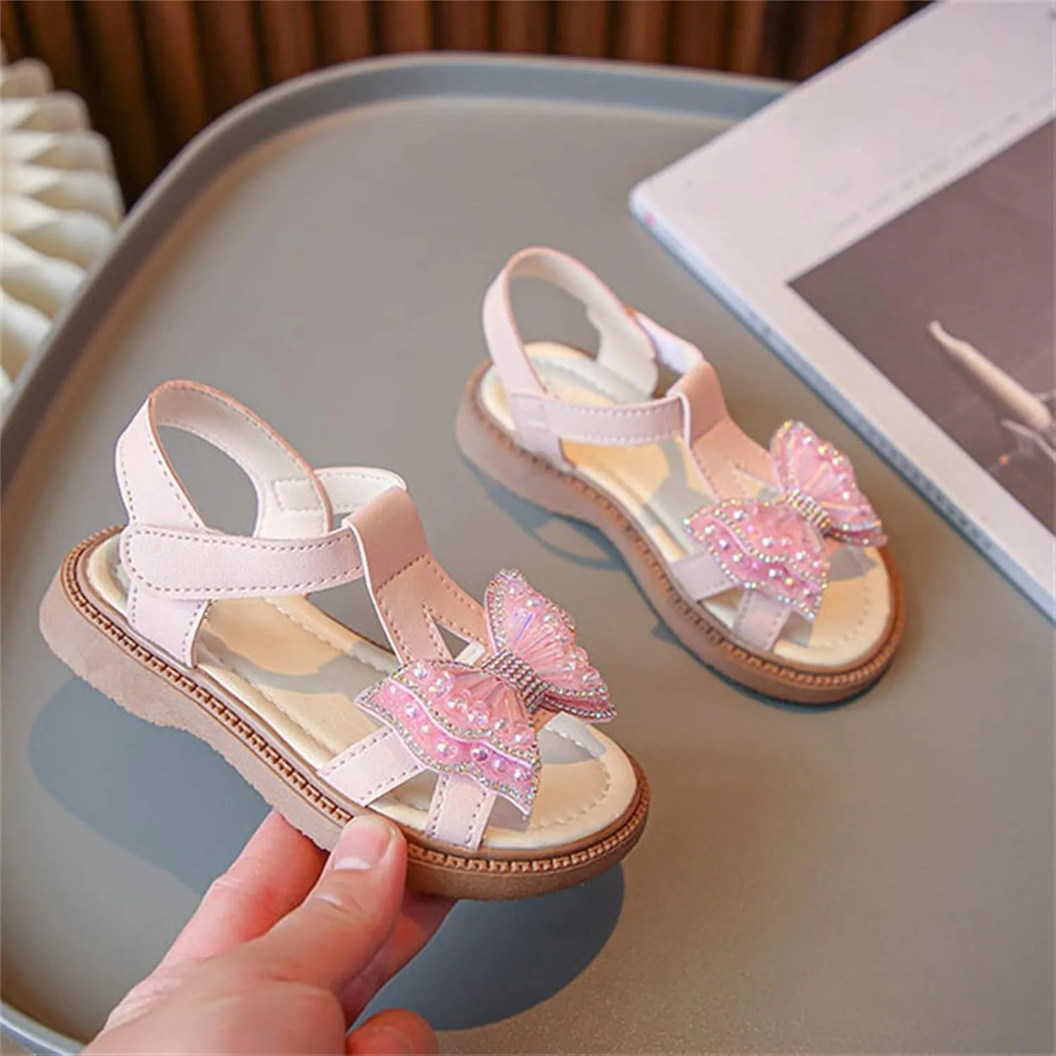 Toddler Girls Fashion Summer Bow Pearl Soft Sole Sandals Cork Travel Eva Lace Pearl Decoration Outdoor Shoes