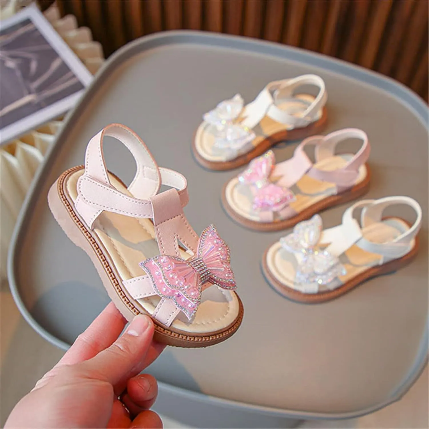 Toddler Girls Fashion Summer Bow Pearl Soft Sole Sandals Cork Travel Eva Lace Pearl Decoration Outdoor Shoes
