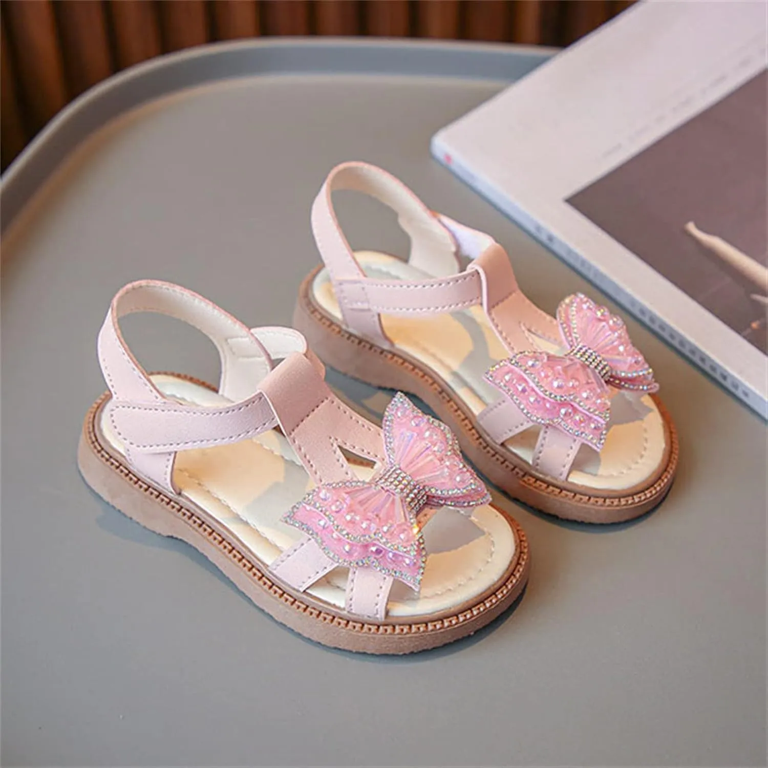 Toddler Girls Fashion Summer Bow Pearl Soft Sole Sandals Cork Travel Eva Lace Pearl Decoration Outdoor Shoes