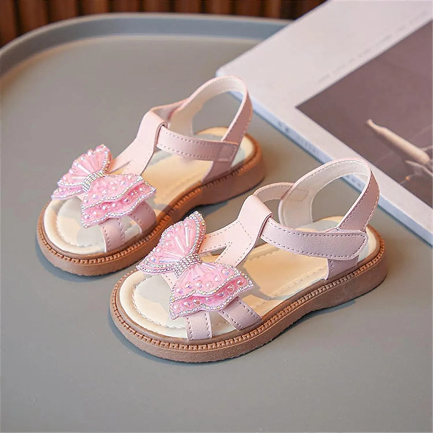 Toddler Girls Fashion Summer Bow Pearl Soft Sole Sandals Cork Travel Eva Lace Pearl Decoration Outdoor Shoes